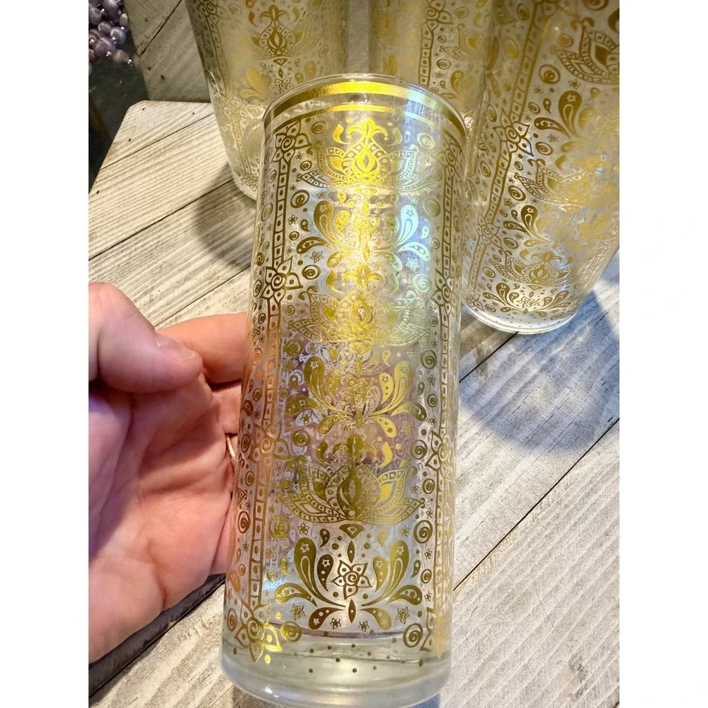 Vintage Gold Damask Floral Glass Tumbler Clear Gold Rim Boho Barware set of 6